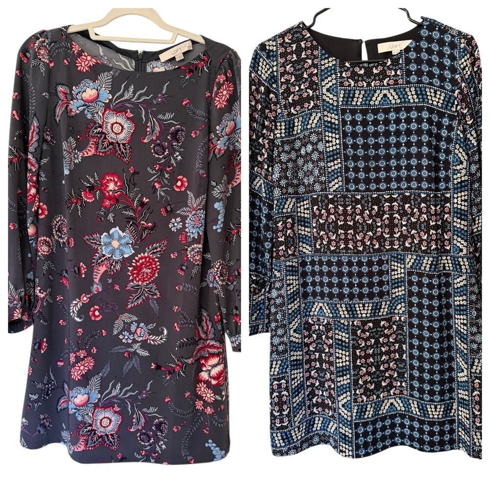 LOFT Petite Lot of 2 Dresses 6P Long Sleeve Floral & Patchwork Shift Work